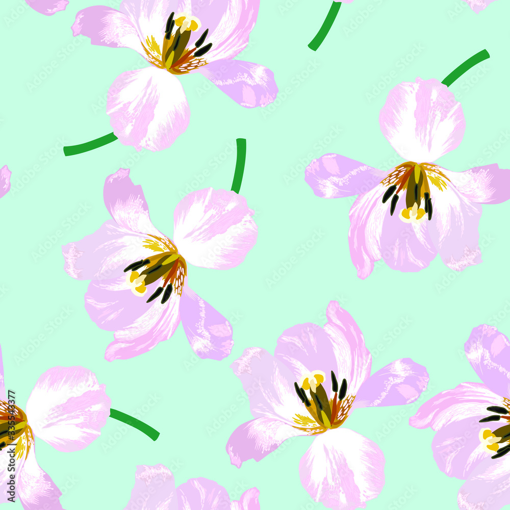 Floral seamless pattern with pink tulips on mint background. Abstract texture.
