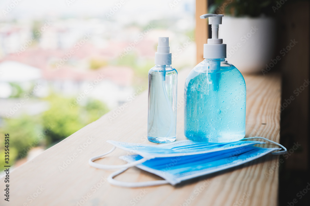 Coronavirus prevention hand sanitizer gel, spray and wearing protection face mask against coronavirus. Coronavirus prevention hand sanitizer gel, spray and wearing protection face mask against coronavirus.