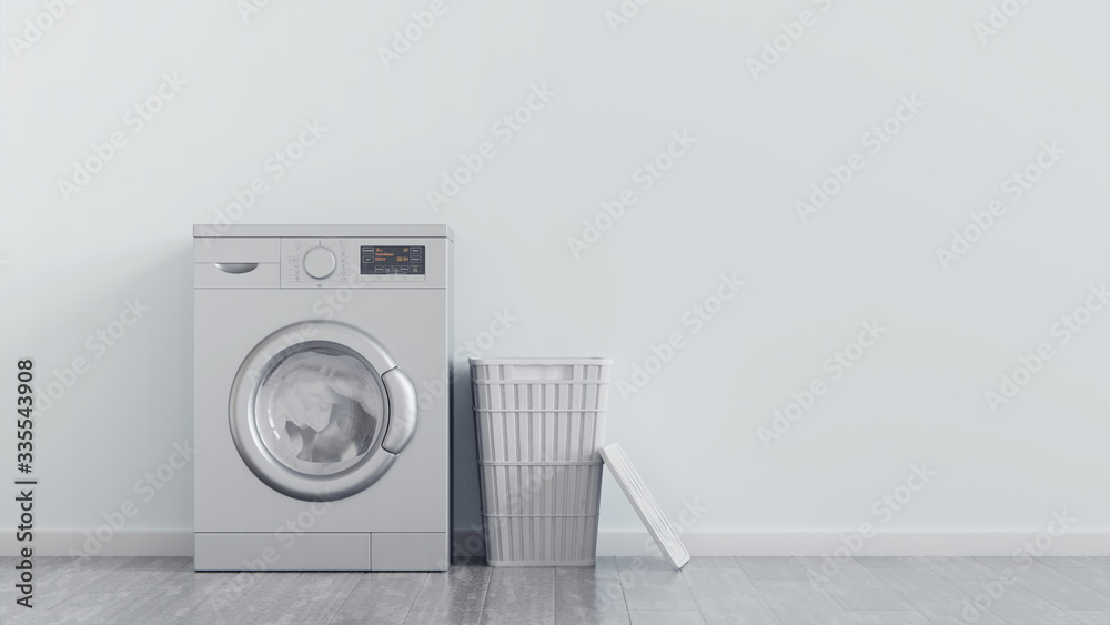 Modern metallic washing machine, laundry in baskets and domestic emty room interior. Blue wall. Modern metallic washing machine, laundry in baskets and domestic emty room interior. Blue wall.
