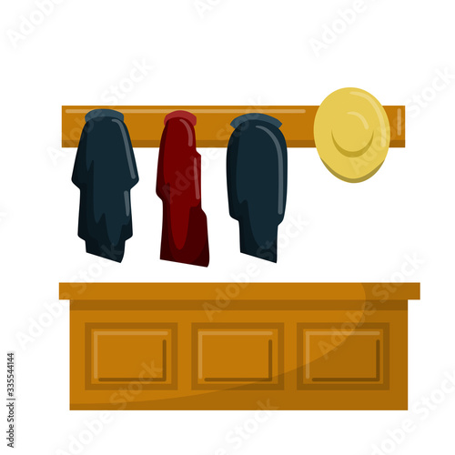 Wardrobe in locker room. Clothing and hat in cloakroom. Element of Museum and restaurant. Reception counter in lobby. Flat Anteroom and antechamber