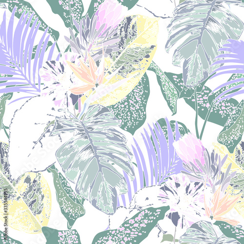 Floral seamless pattern with bright tropical leaves and exotic flowers. Abstract background texture. 