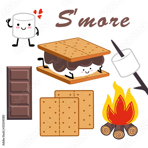 . Marshmallow Cartoon Character,campfire, chocolate and Graham Crackers..S’more vector illustration. Set of isolated design elements.