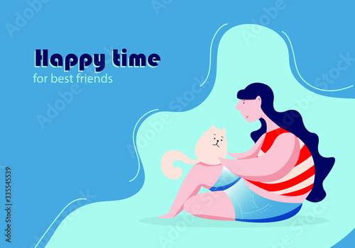 Vector illustration of young girls who spend time with their Pets, cats. Hold the cat in your arms, play.Illustrations for web, posters. Flat cartoon style. 