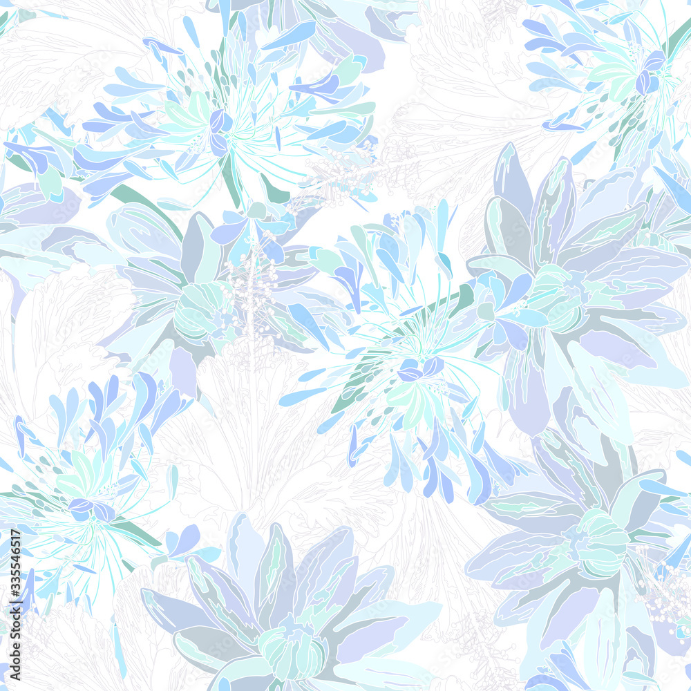 Floral seamless  pattern with  exotic flowers. Abstract background texture. Pastel colors.