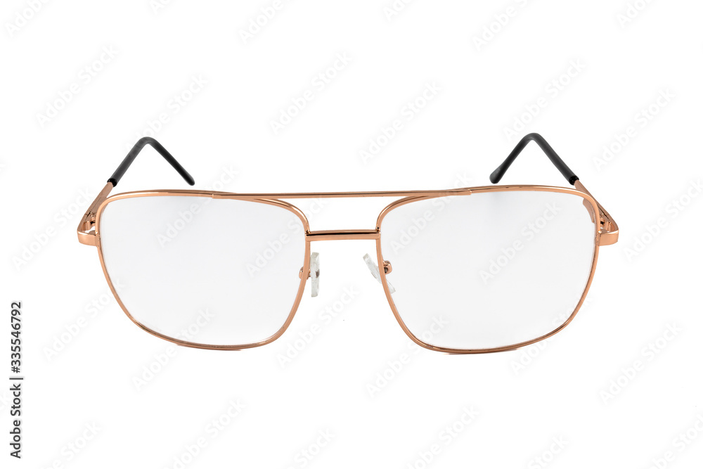 Aviator sunglasses with gold frame isolated on white background, front view Aviator sunglasses with gold frame isolated on white background, front view