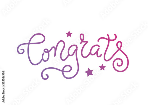 Modern mono line calligraphy lettering of Congrats in purple with stars on white background
