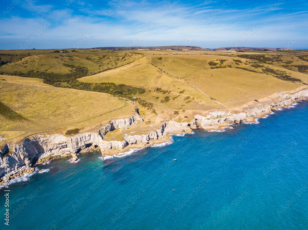Fototapeta premium Aerial view of Winspit Quarry Cliffs, Dorset, England, UK