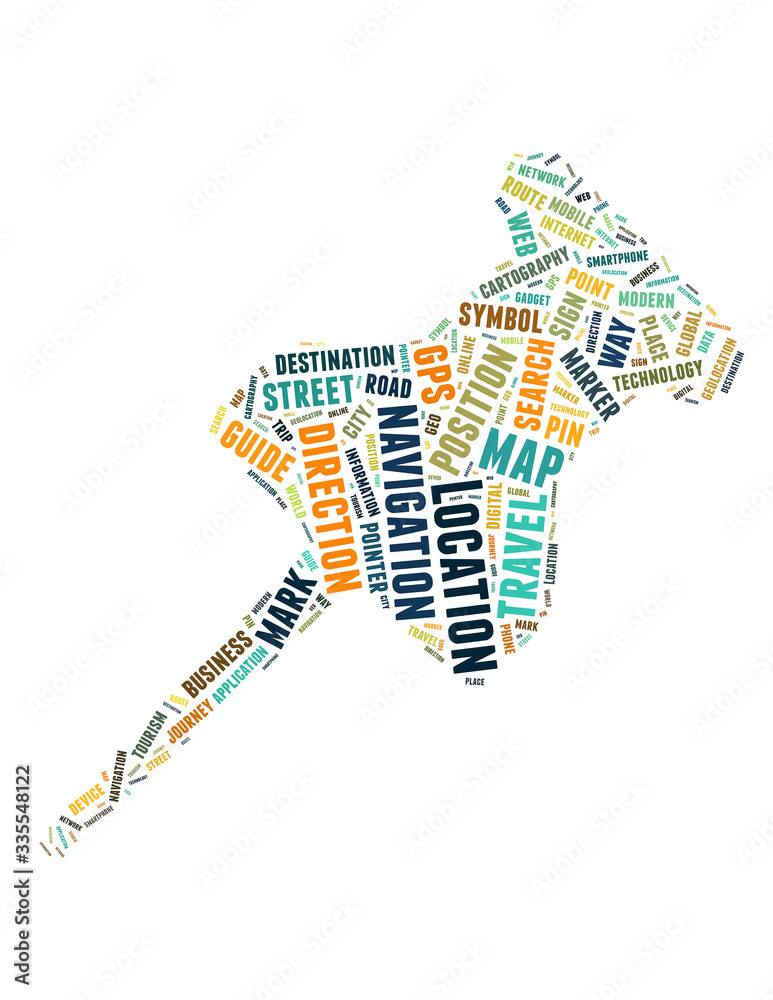 Obraz premium Pin shape for navigation and travel word cloud concept