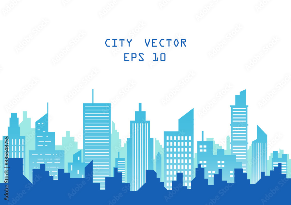 silhouette blue city building in flat illustration vector, urban cityscape design for background 