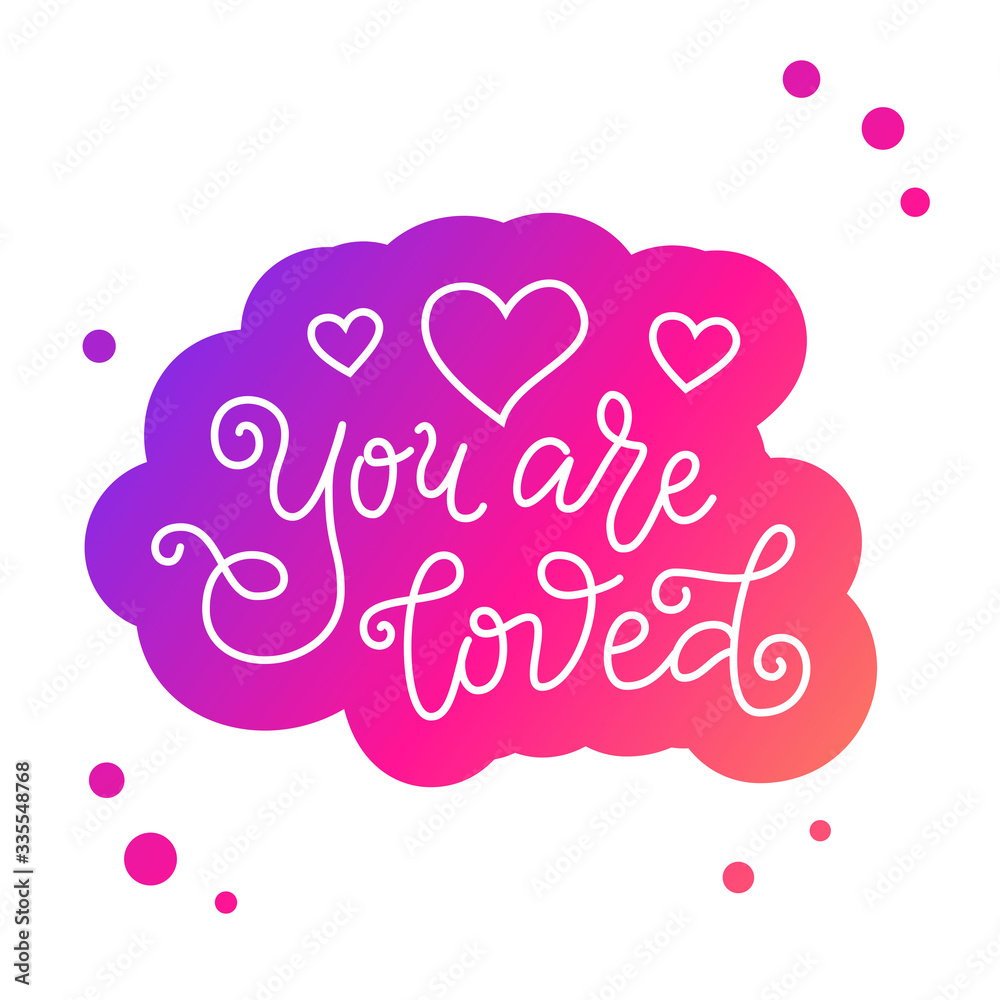 Modern mono line calligraphy lettering of You are loved in white with pink outline on white