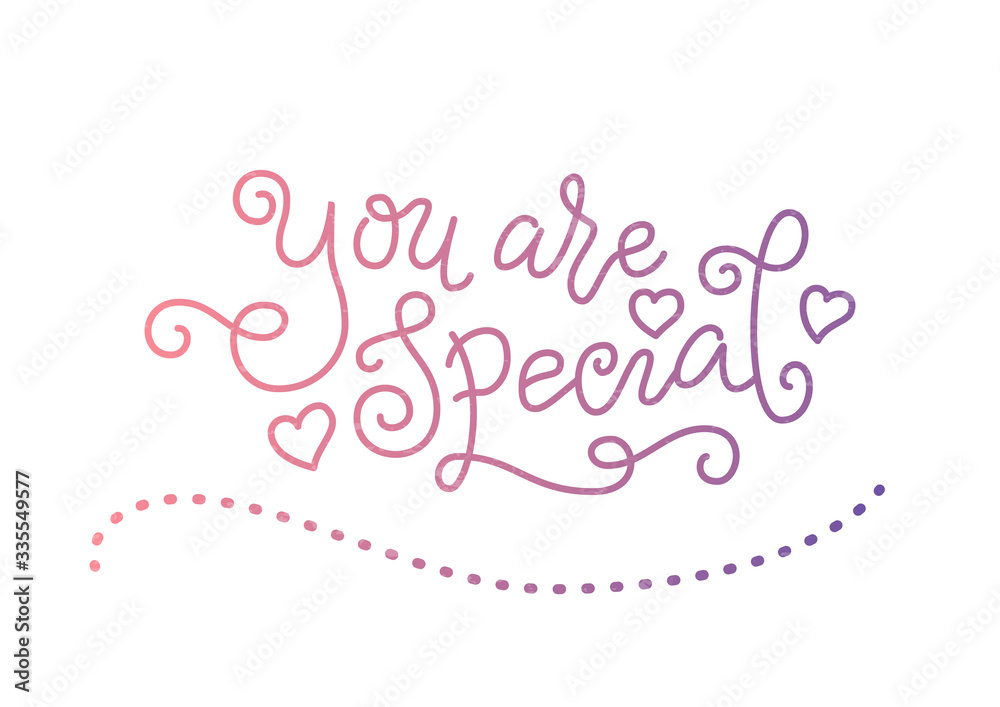 Modern mono line calligraphy lettering of You are special in pink purple textured with hearts on white