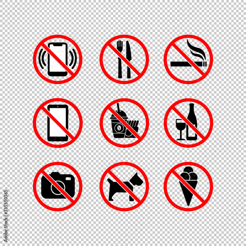 No cell phone, no camera, no ice cream, stop smoking, stop eating, no dogs, no drinking alcohol, no fast food icon set in black and red. Forbidden symbol simple on isolated background. EPS 10 vector.