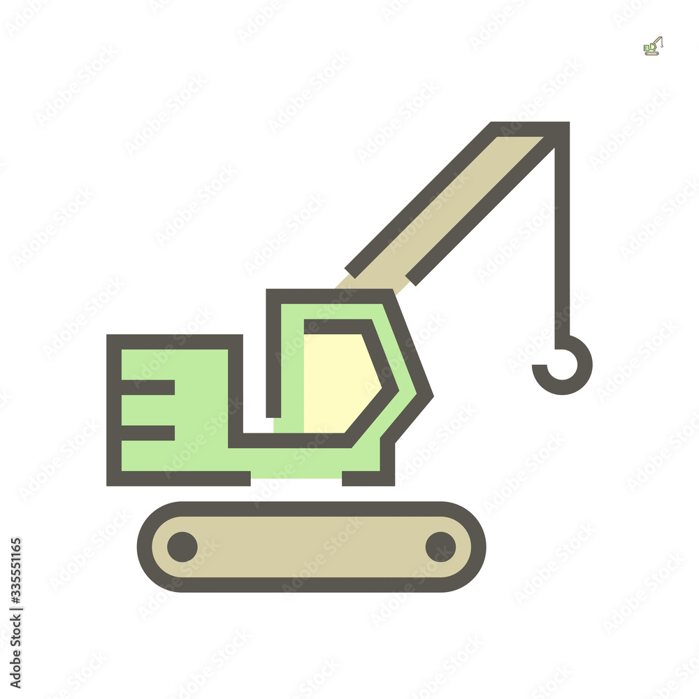 Crawler crane or derrick crane vector icon. Machinery equipment or vehicle with lattice boom, track wheel and hook for work in building construction site to lift, transport heavy load. 64x64 pixel. Crawler crane or derrick crane vector icon. Machinery equipment or vehicle with lattice boom, track wheel and hook for work in building construction site to lift, transport heavy load. 64x64 pixel.