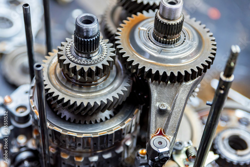 Close-up helical gears in car automatic transmission