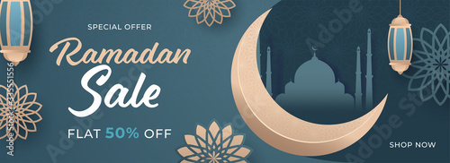 Islamic Holy Month of Ramadan Sale Banner with Crescent Moon, Hanging Lantern, and Floral on Teal Green Background.