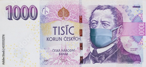 One thousand korun of Czech Republic printed during Coronavirus pandemic. Czech crowns, Czech money 1000 korun. Czech Republic economy hit by Corona Virus – Covid19 and affects stock market critically photo