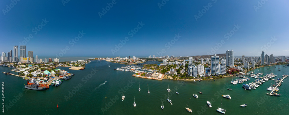 Aerial panorama view of the old city from the yacht club in Cartagena Bay.