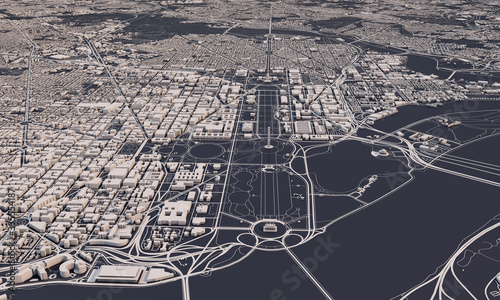 Washington DC city map 3D Rendering. Aerial satellite view.