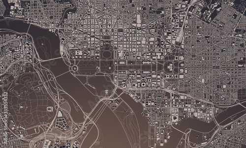 Washington DC city map 3D Rendering. Aerial satellite view.