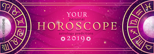 Zodiac symbols wheel banner. Astrological vector background