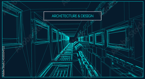Architecture line background. Building construction sketch vector abstract. Modern city 3d project. Technology geometric grid. Wire blueprint house. Digital architect innovation wireframe.