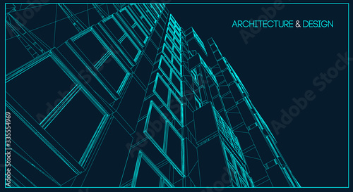 Architecture line background. Building construction sketch vector abstract. Modern city 3d project. Technology geometric grid. Wire blueprint house. Digital architect innovation wireframe.