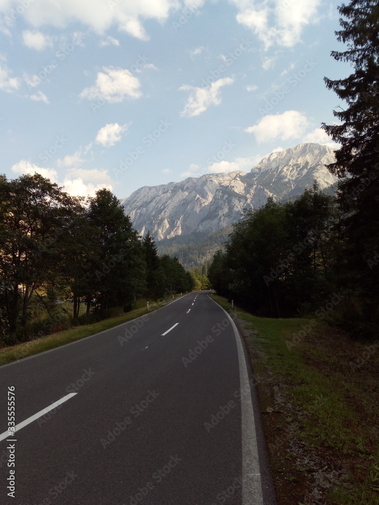 Fototapeta premium scenic road,mountain, landscape, mountains, travel, nature, asphalt, summer, forest, hill, europe,austria,clouds, alps, street, way, green, countryside, driving, scenery, tree, cloud