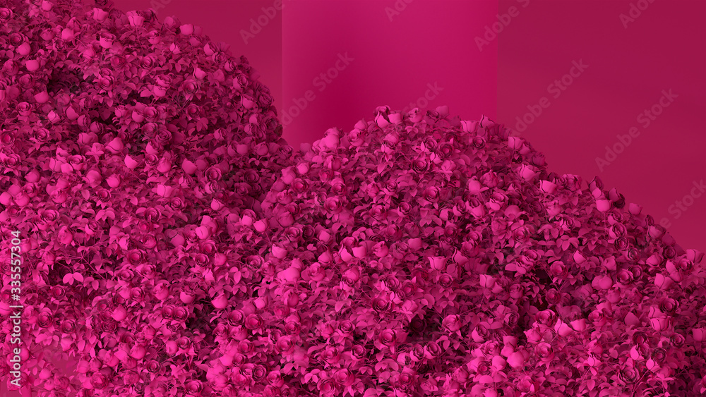 Obraz premium Abstract geometric background with the pink monochrome column, and bushes with roses 3d illustration