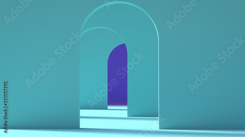 Abstract geometric background with the rhythm of blue arcs, a long shadow from the sunlight, 3d illustration © Ivan