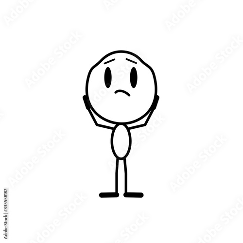The man holds his head and is very upset about something. Cartoon character. Vector line illustration on a white background.