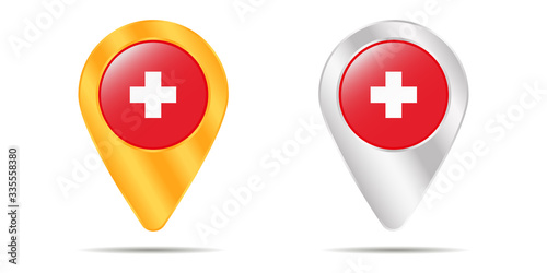 Map of pins with flag of Switzerland. On a white background © Yuliia