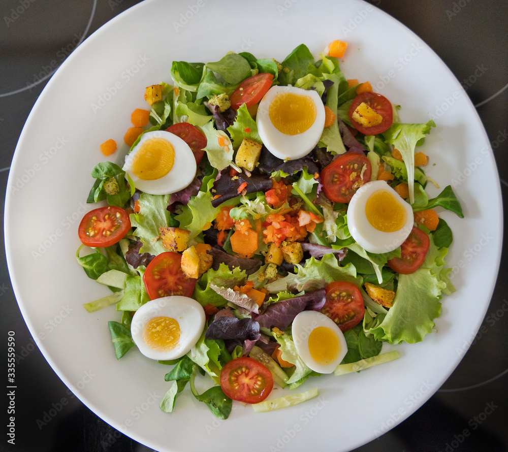 Gemischter veganer Bio Salat Teller mit Tomaten, Eier, Paprika, Feldsalast und Croutons, Produktbild Gemischter veganer Bio Salat Teller mit Tomaten, Eier, Paprika, Feldsalast und Croutons, Produktbild