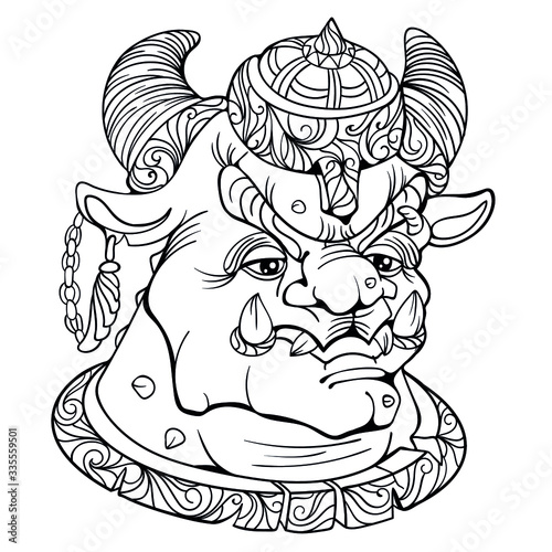 Fantasy coloring page for adults with wild creature for magic board games with wild fantastic creature with helmet and bones