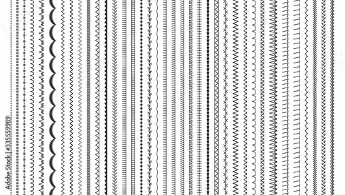 Sewing stitches. Embroidery seams seamless pattern. Vector. Set of machine thread sew brushes. Overlock fabric elements. Line border isolated on white background. Simple graphic illustration.