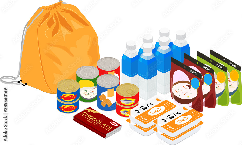 保存食 防災バッグ セット 01 イラスト アイソメトリック Stock Vector Adobe Stock