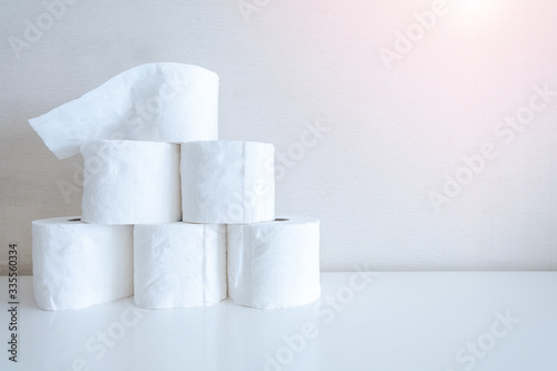 Photography A pile of toilet tissue paper rolls during Coronavirus or Covid-19 outbreak with copy space