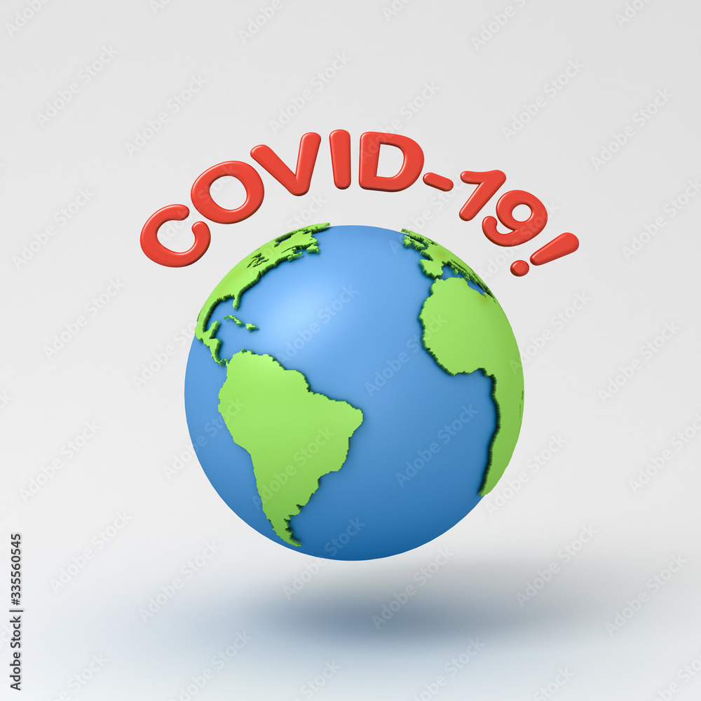 Covid-19 or coronavirus warning text with globe isolated on grey background with shadow 3D rendering