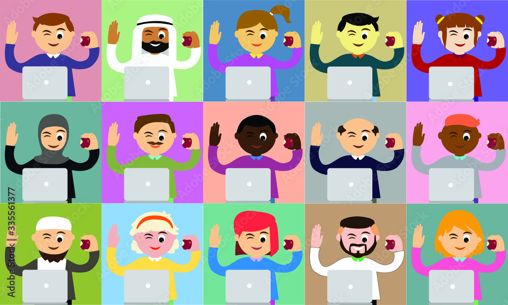 Vector cartoon, men and women communicating with friends in a happy posture by laptop and eating apples. Concept of work from home, COVID-19 virus outbreak, social distancing. Vector cartoon, men and women communicating with friends in a happy posture by laptop and eating apples. Concept of work from home, COVID-19 virus outbreak, social distancing.
