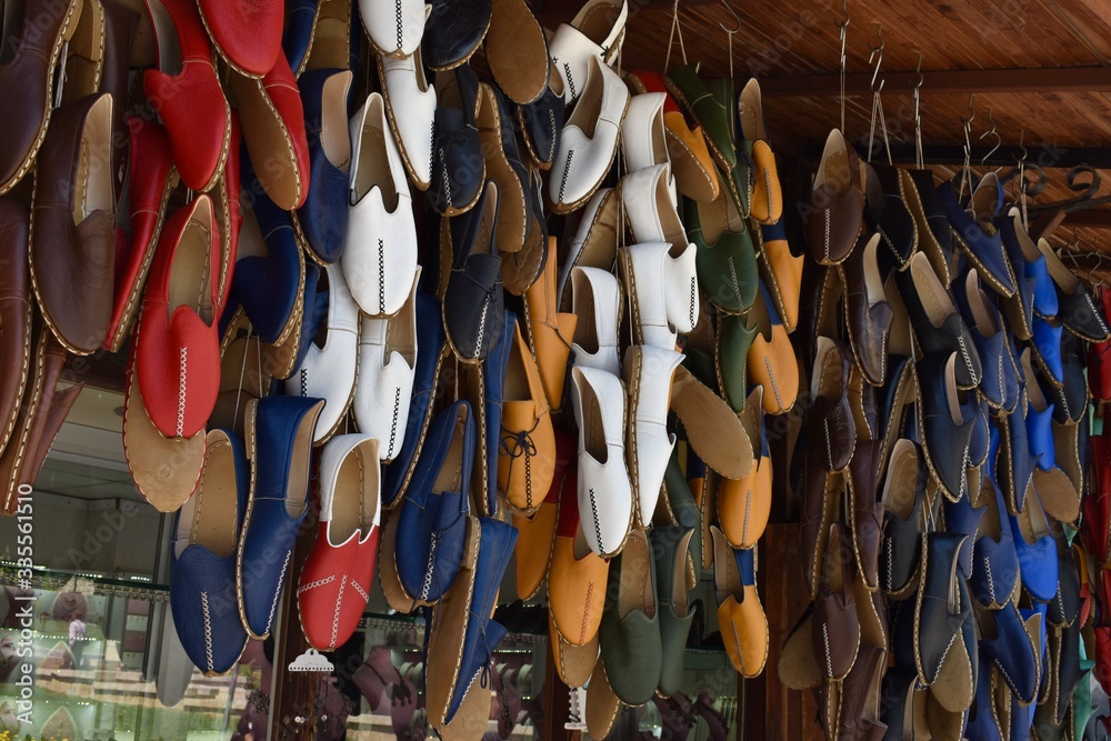 Traditional handmade shoe Yemeni hanging in front of the shops in Gaziantep Turkey