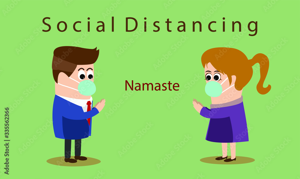 Social distancing concept. man and woman say hello togetther by Social distancing concept. man and woman say hello togetther by
