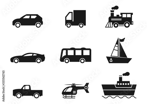 solid icons for car,truck,bus,helicopter,pickup truck,train,boat,ship,transportation,vector illustrations