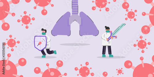 Two doctor wear green surgical and use vaccine shield and antibody sword to protect lung from coronavirus. Concept medical science character design.