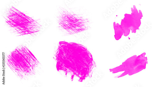 Abstract set of purple watercolor splashes  blot and scratches