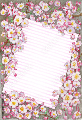 Watercolor blooming cherry background. Beautiful spring flowers frame with striped space for text