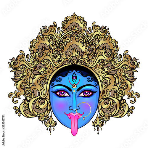Portrait of Indian Hindi goddess Kali. Female blue head with open moth and out stuck tongue. Destroyer of evil forces. Diety, spiritual art. Occultism and witchcraft. Vector isolated illustration.