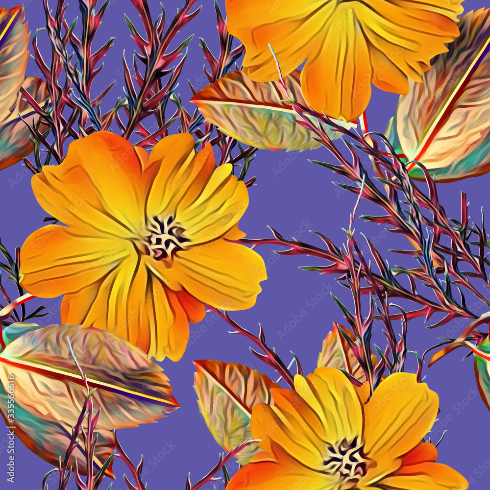 Fototapeta premium Daffodile flowers with leaves, seamless pattern.