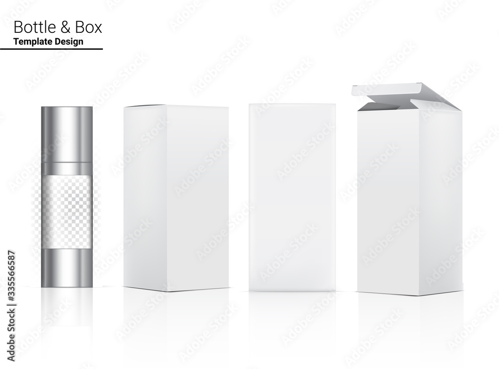 Transparent Pump Glossy Bottle Mock up Realistic Cosmetic and 3 Dimensional Box for Whitening Skincare and Aging anti-wrinkle merchandise on White Background Illustration. Health Care and Medical.
