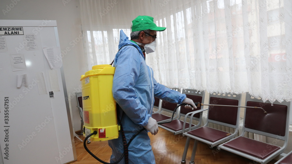 Ankara, Turkey - April03, 2020: Cleaning and Disinfection at town complex amid the coronavirus epidemic . Spraying of disinfectants in anticipation of Covid-19