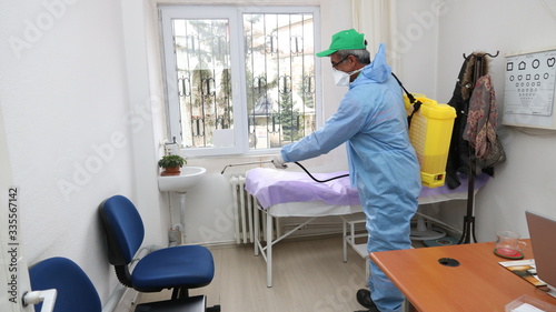 Ankara, Turkey - April03, 2020: Cleaning and Disinfection at town complex amid the coronavirus epidemic . Spraying of disinfectants in anticipation of Covid-19