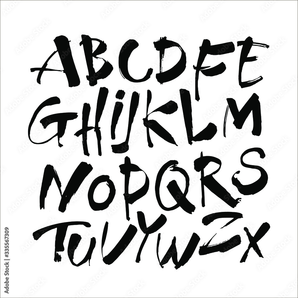 Vector Acrylic Brush Style Hand Drawn Alphabet Font. Calligraphy alphabet on a white background. Ink hand lettering.